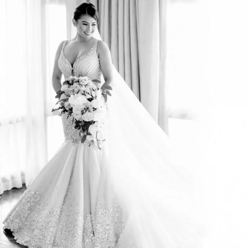 Luxury Aliexpress France Crystal Mermaid Wedding Dresses Beading Chapel Long Train Appliqued Bridal Gowns Backless abiti da spos