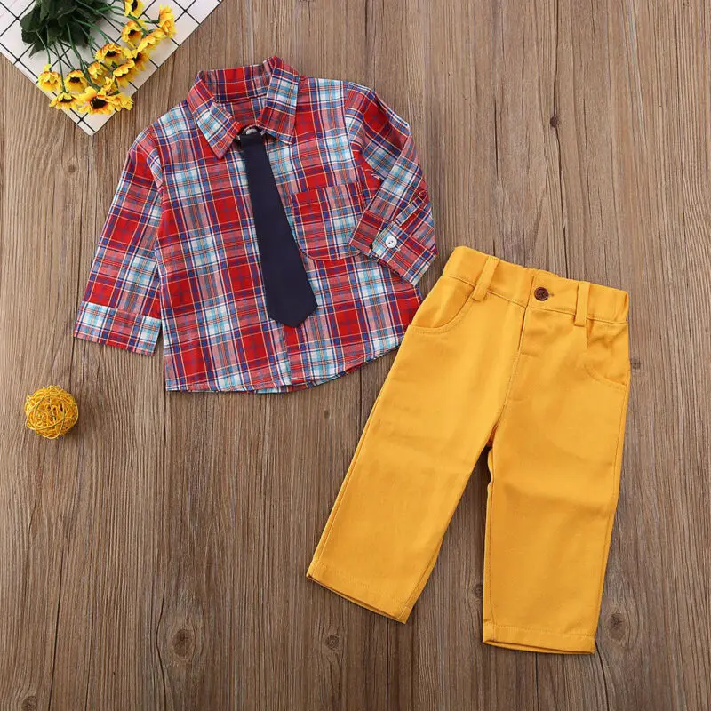 Autumn Toddler Kids Baby Boy Shirt tie long sleeve Plaid Tops Hosen Long Pants Gentleman Outfits Clothes 1-6 Years |