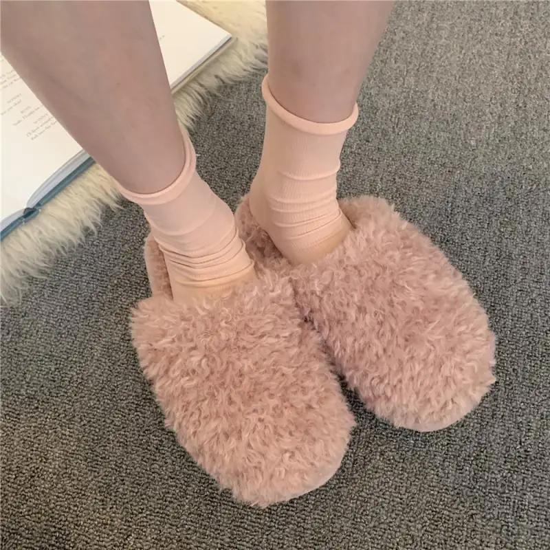 Women's Fluffy Slippers Winter Short Plush Indoor Cotton Shoes Soft Warm Non-slip Home Slippers Non-slip Flat Indoor Slippers