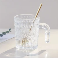 350ml transparent glass water cup vintage relief round cups with handle milk tea juice beer mug home beverage tumbler