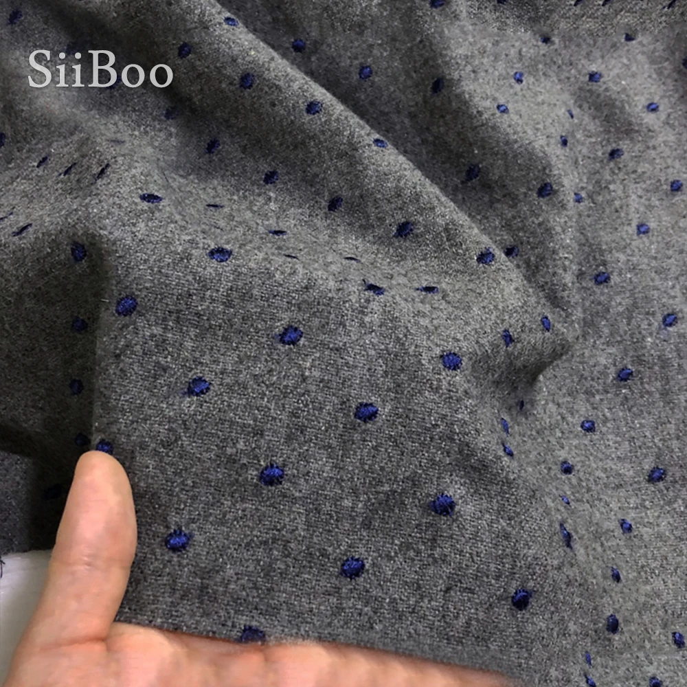 Шерстяная ткань с вышивкой в горошек серого цвета 80% шерсти для зимнего пальто