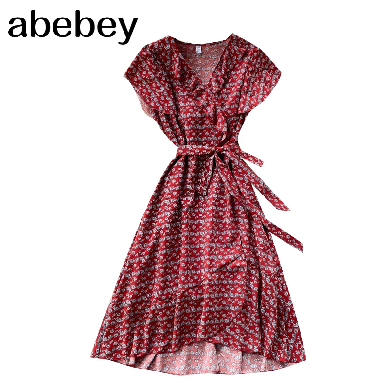 

Boho Floral Dress Women Ruffles V Neck Sleeveless Lace up A-line Dresses Summer French Retro Print Holiday Midi Dress