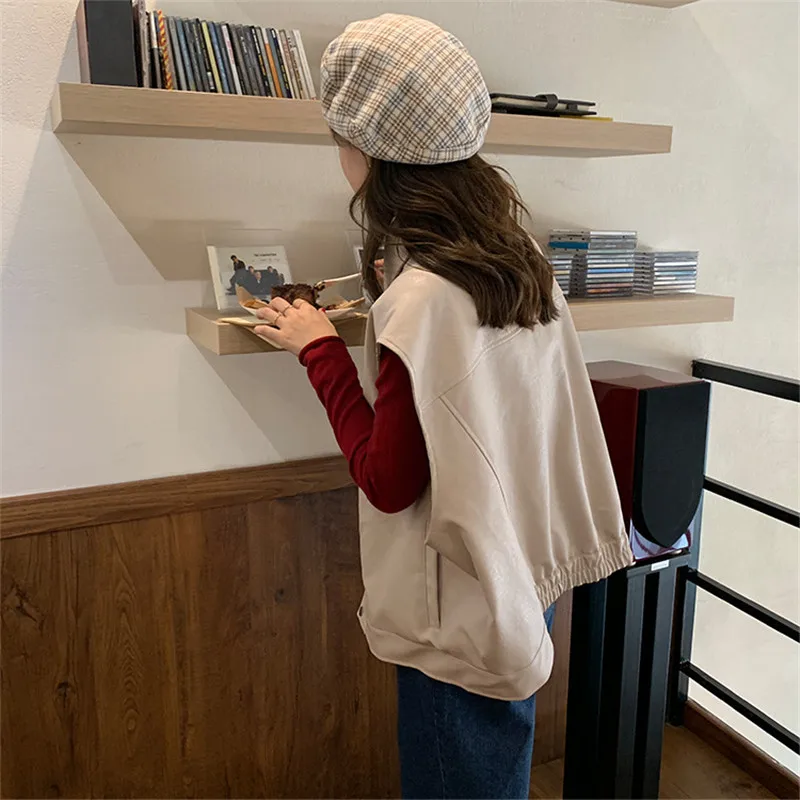 Женский жилет из искусственной кожи Sungtin черный Свободный без рукавов Осень-зима