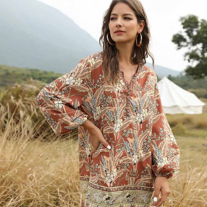 

Women Bohemian Printed Lantern Sleeve Dress Long Sleeve Sexy V neck Elegant Casual Mini Dress 2020 Spring Autumn Fashion Dress