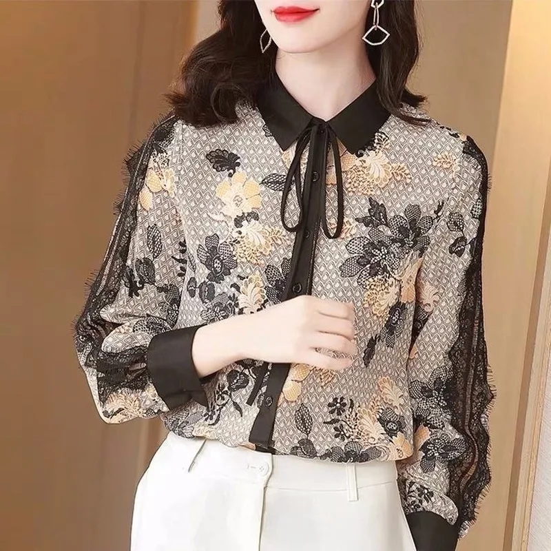 Женская однобортная рубашка с длинным рукавом кружевная блузка контрастных