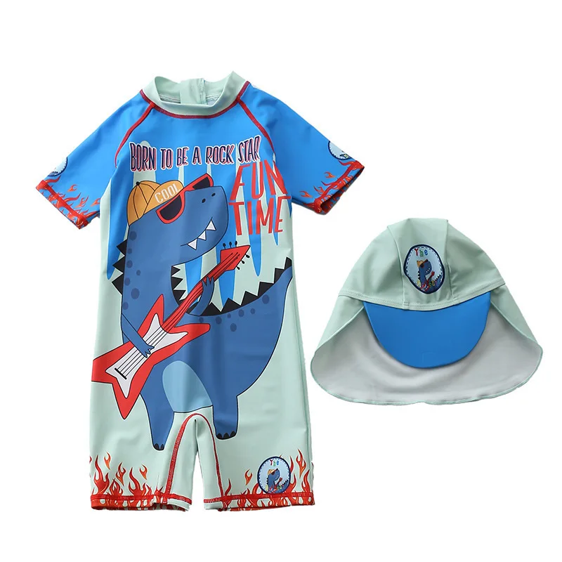 

2021 Cartoon Baby Boy Swimsuits One Pieces Kids Swimwear Cap Toddler Boy Beach Clothes Soport Children Swimming Bathing Sets