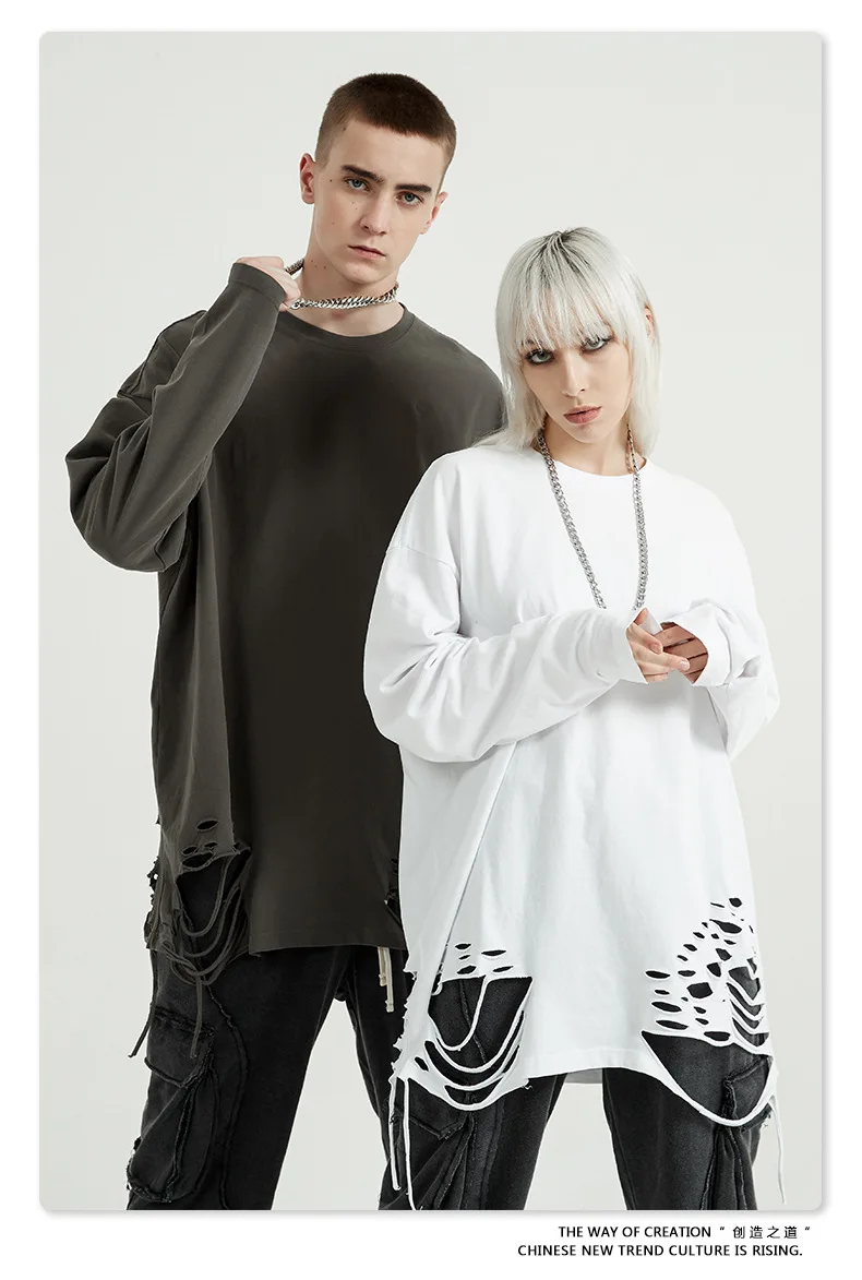 

New 2021 Man T-Shirt Cut Hem Black White Grey Long Sleeve O Neck Lazy Tees Tops Cotton New Trend Cultral High Street Broken Clot