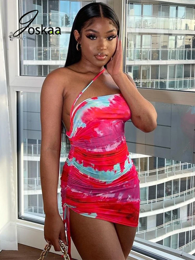 

Joskaa Women Sexy Backless Party Mini Dresses Fall 2021 Elegant Night Club Clothing Printed Sleeveless Shirring Bodycon Dress