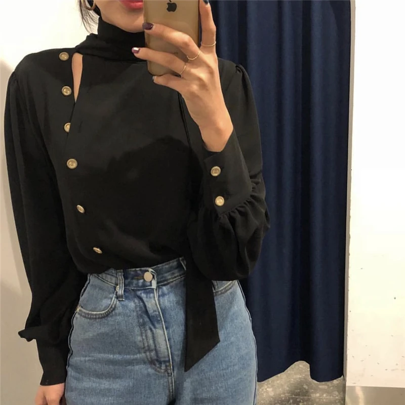 SHENGPALAE New Spring Spring Korea Style Full Lantern Sleeve Stand Collar With Button Chiffon Single Breasted Women Shirt FR397