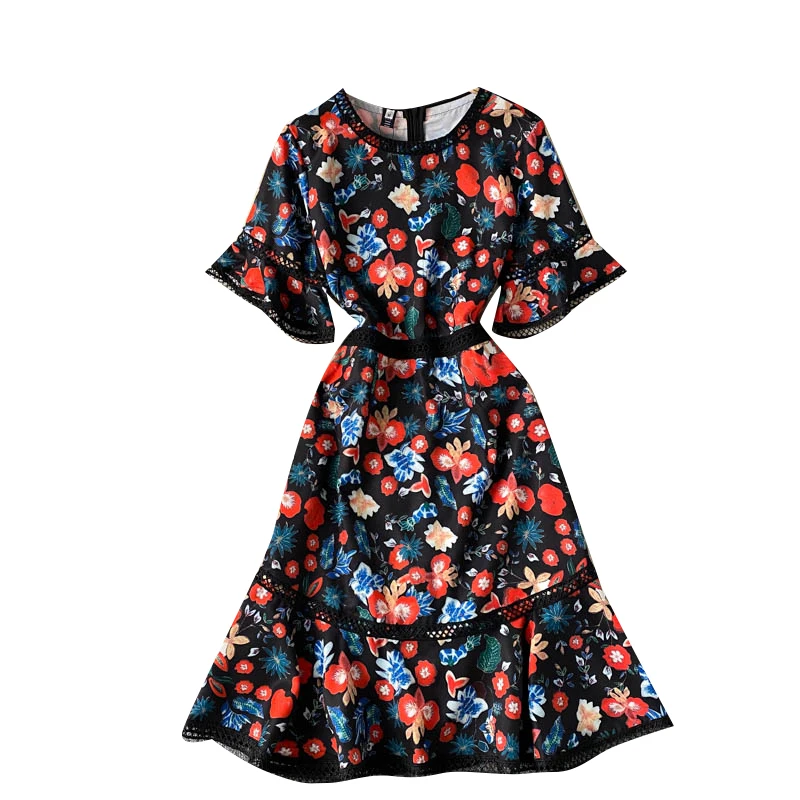 

Summer Fashion New Vestidos Female Hollow Trumpet Sleeve Temperament Round Neck Slim Retro Print Midi Dress DK486