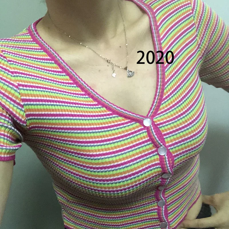 Новинка лета 2019 укороченный топ однобортный Кардиган в цветную полоску короткий