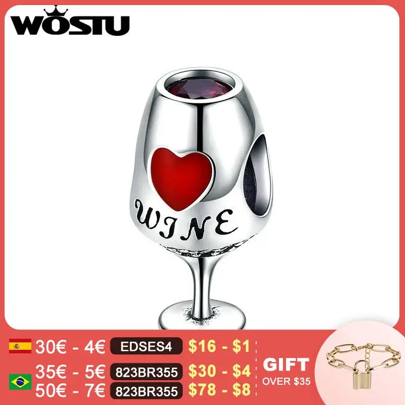 Женский браслет WOSTU из 100% стерлингового серебра 925 пробы с чашей для вина красным