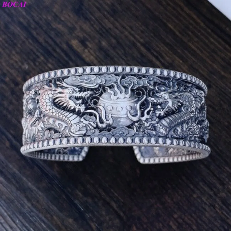 

BOCAI Antique Handmade S999 Sterling Silver Bracelet Male And Female Relief Opening Hollowed Out Nine Dragons Fashion Bangle