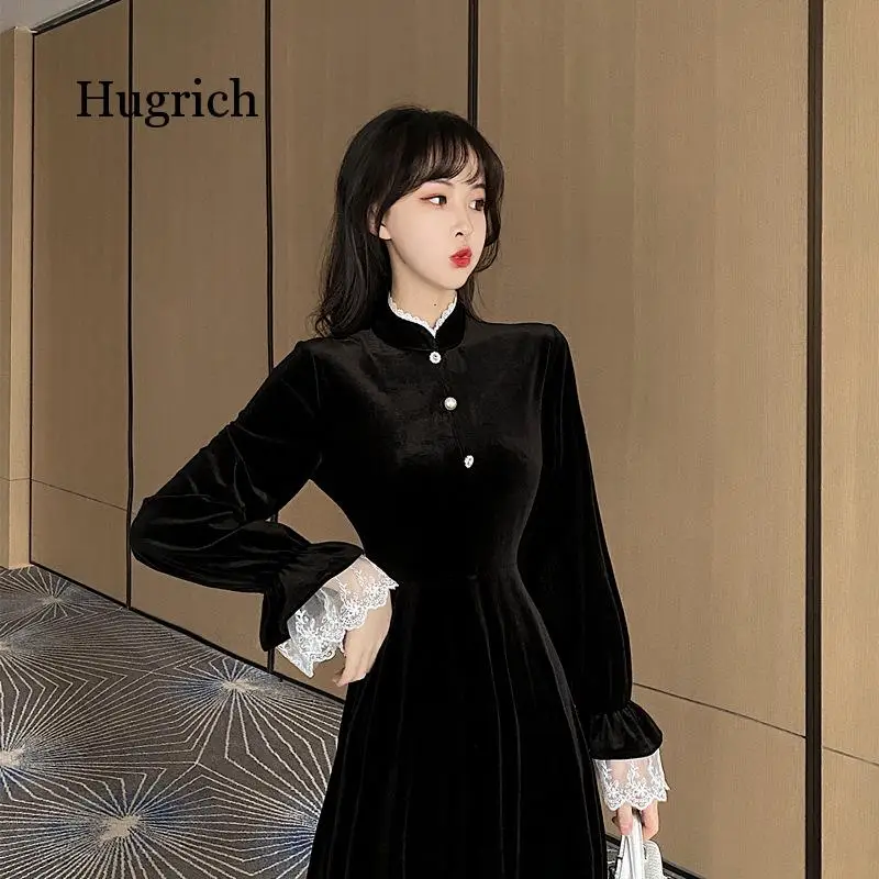 

Black Velvet Vintage Fashion Elegant Full Sleeve Warm Autumn Winter Dress Women Midi Vestido Roupa Feminina