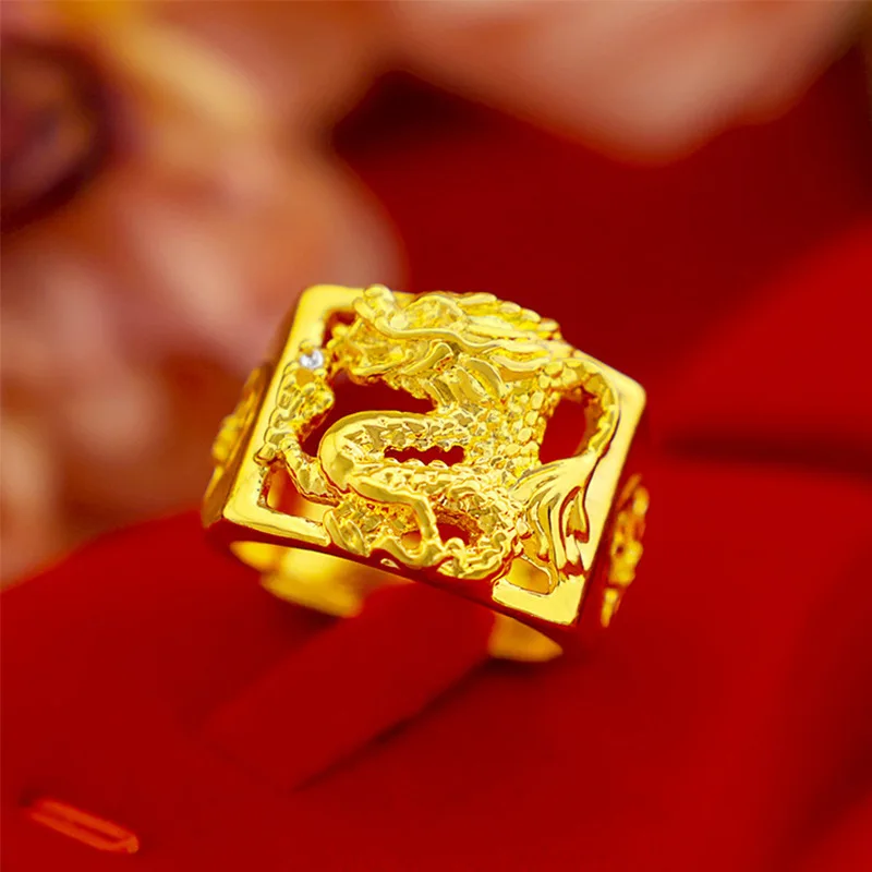 

Domineering Geometric Gold Color 3D Dragon Pattern Carved Opening Ring Men Women Party Chinese Culture Totem Animal RIng Jewelry