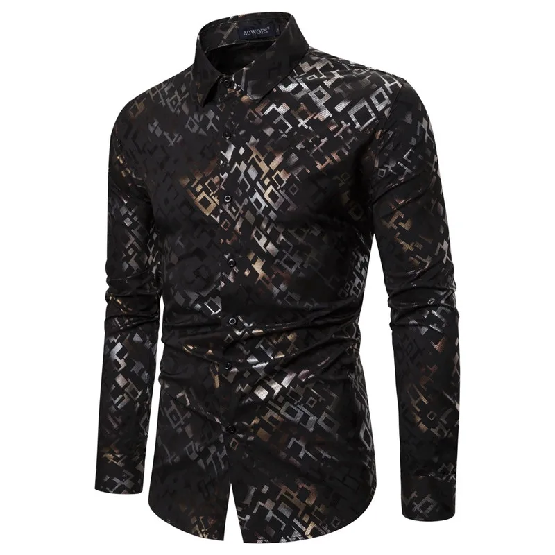 

Black Bronzing Print Shirt Men Wedding Prom Chemise Homme 2021 Brand Mens Casual Button Down Dress Shirts Nightclub Tuxedo Shirt