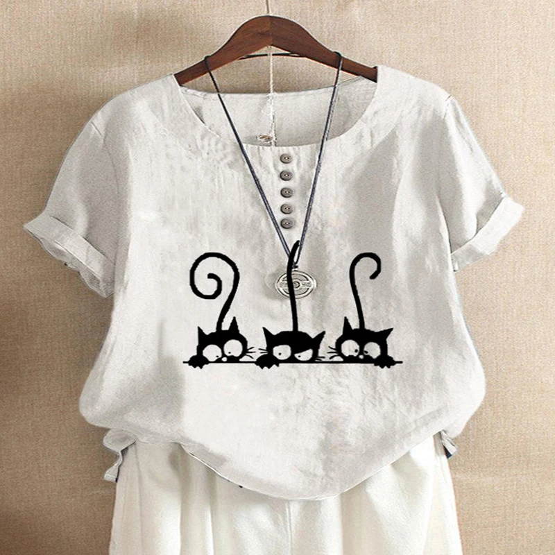 Blusa holgada informal con estampado de gato para verano, Camisa lisa de manga corta con cuello redondo para mujer, color blanco, Túnica de talla grande
