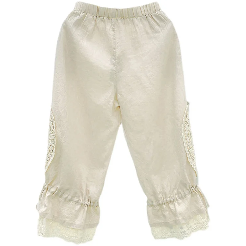 

Autumn Mori Girl Literature Vintage Linen Cropped trousers New Summer Lace High Waist Women Loose Wide leg Pants