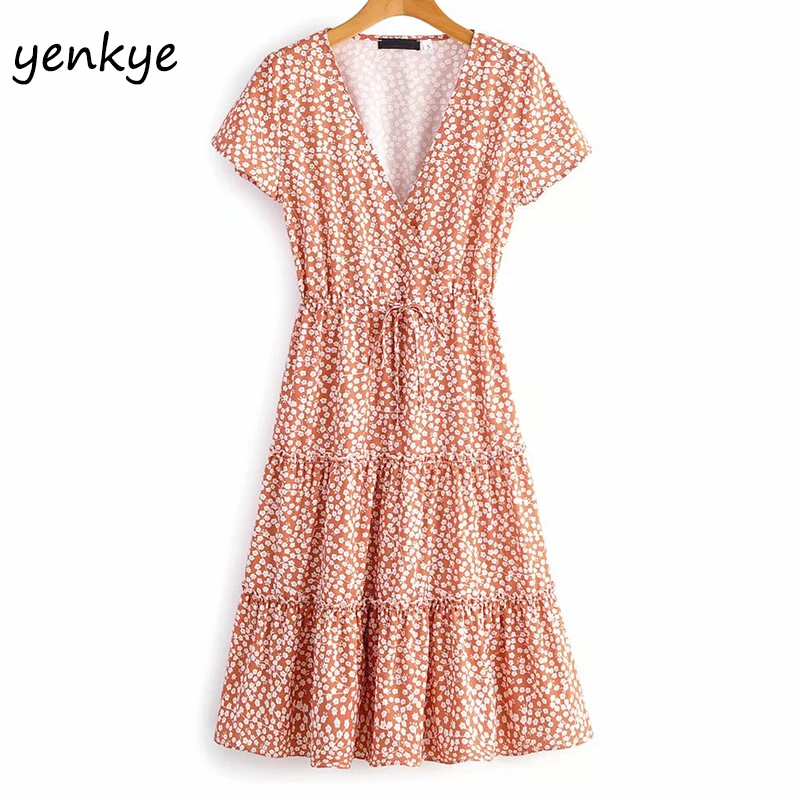 Женское летнее платье с цветочным принтом v образным вырезом коротким рукавом и
