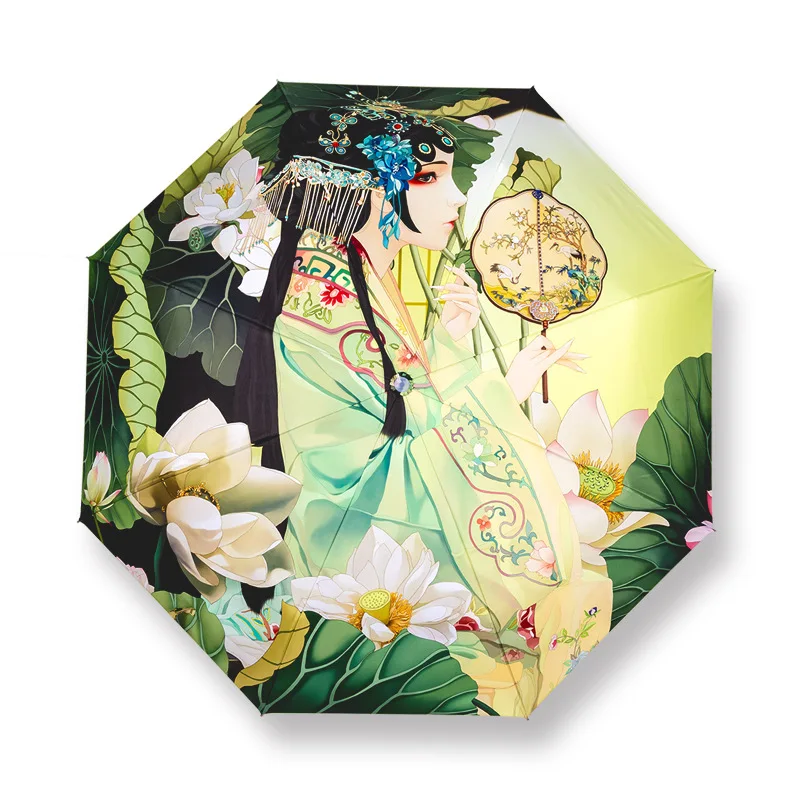 

New Retro Style Tri-fold Automatic Rain Umbrella Female Students Black Coating UV Protection Sunscreen Umbrella for Women