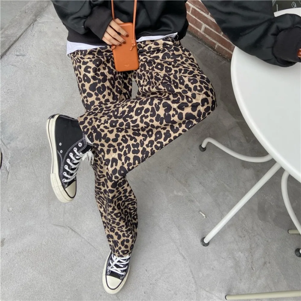 

Casual Pants High Waist Womens Leopard Loose Street Wear Hip Hop New Autumn Korean Harajuku Femme All-match Wide Leg Trousers