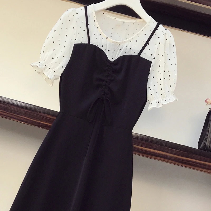 

4XL Plus Size Women Elegant Korean Dress Summer 2021 Polka Dot Short Sleeve Chiffon Patchwork Ladies Drawstring A-Line Dresses