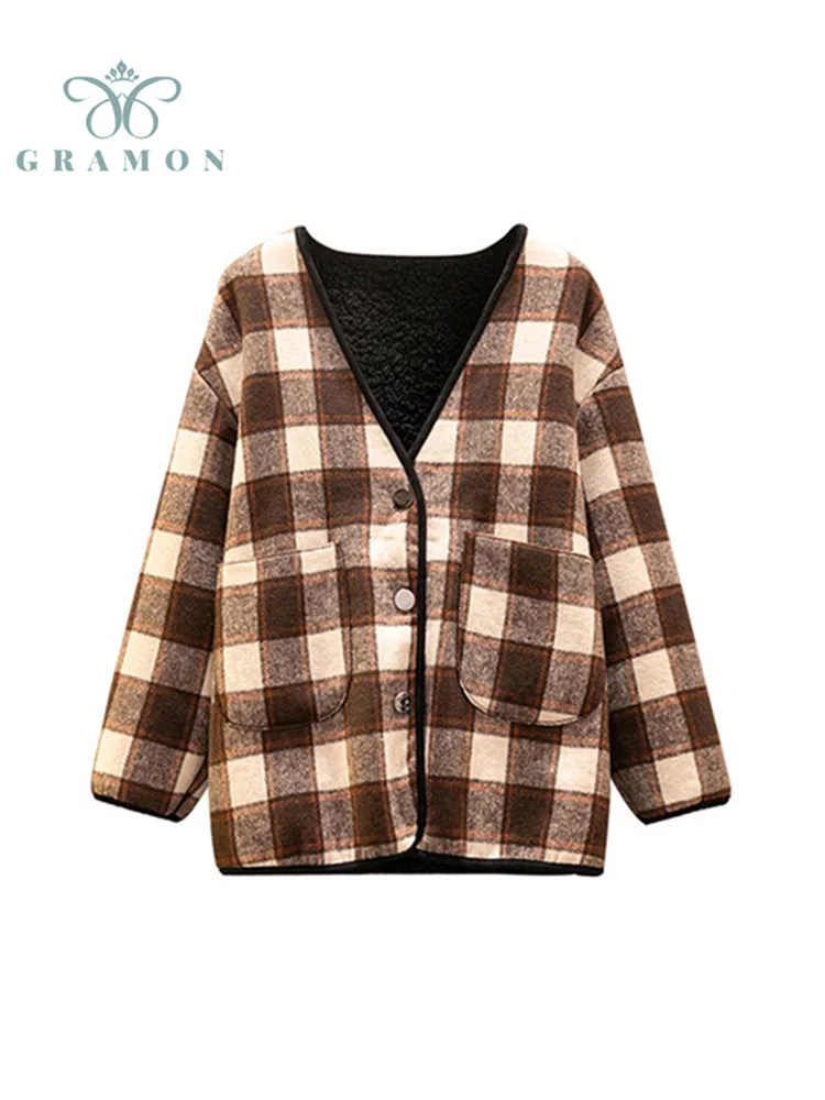 

Plaid Jacket Women Fall Winter Oversized Warm Coat V Neck Singles Breasted Loose Long Sleeve Outwear 2021 New Chaquetas Mujer