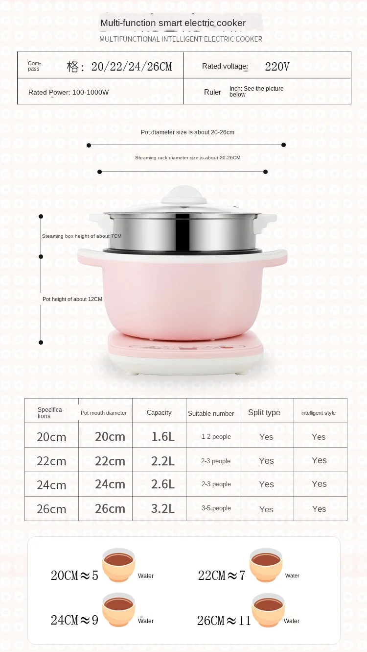 

Multifunctional Electric Cooker Non-stick Food Noodle Cooking Skillet Egg Steamer Soup Heater Pot Frying Pan Hot pot 220V