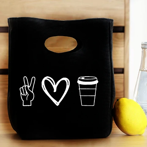 Портативная сумка для обеда с принтом Peace Love Coffee Lifeline, новая термоизолированная коробка-сумка-холодильник, сумка-бенто, сумки для хранения еды