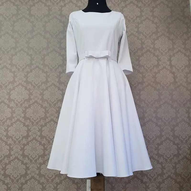 Простое Белое элегантное платье с высокой талией миди круглый вырез женское