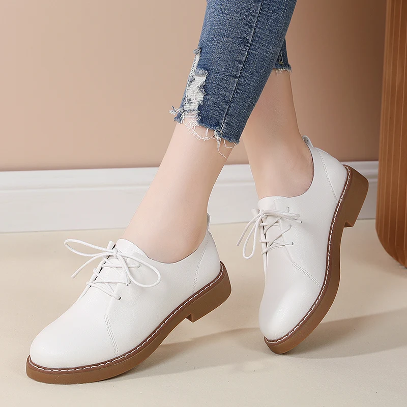 

2021 NEW Oxford shoes women genuine leather flat woman lace-up comfortable casual shoes ladies walking shoes for women white