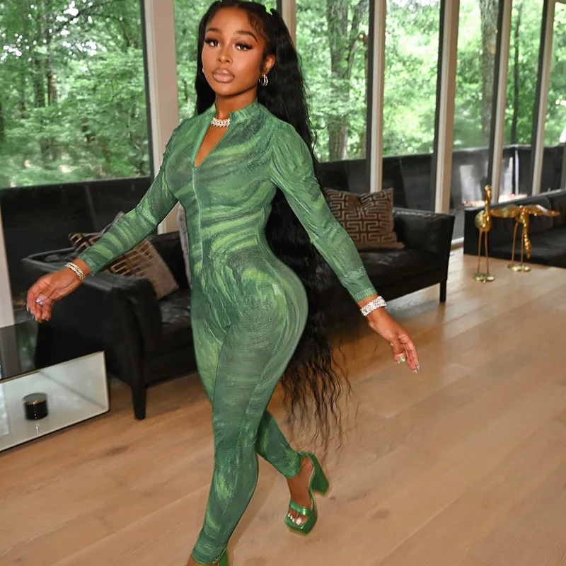 

Женский комбинезон с принтом, V-образным вырезом и длинным рукавом