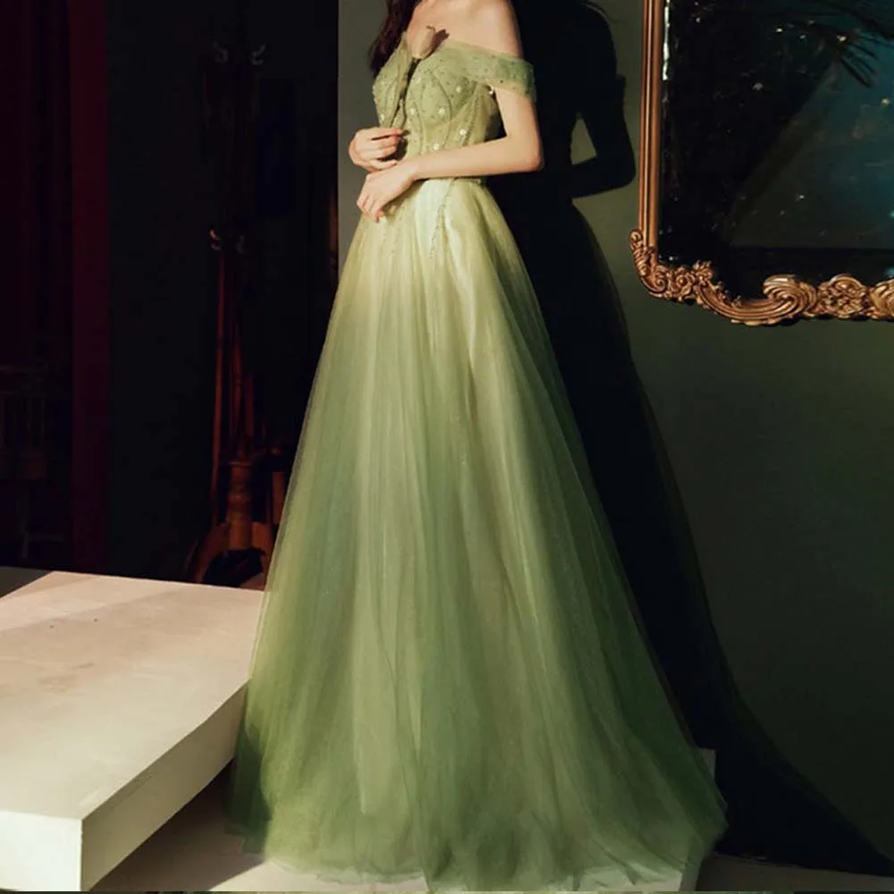 

2021 Girl Light Green Prom Dress Off Shoulder Evening Dress Beading Banquet Vestidos Long Women Formal Party Graduation Gown