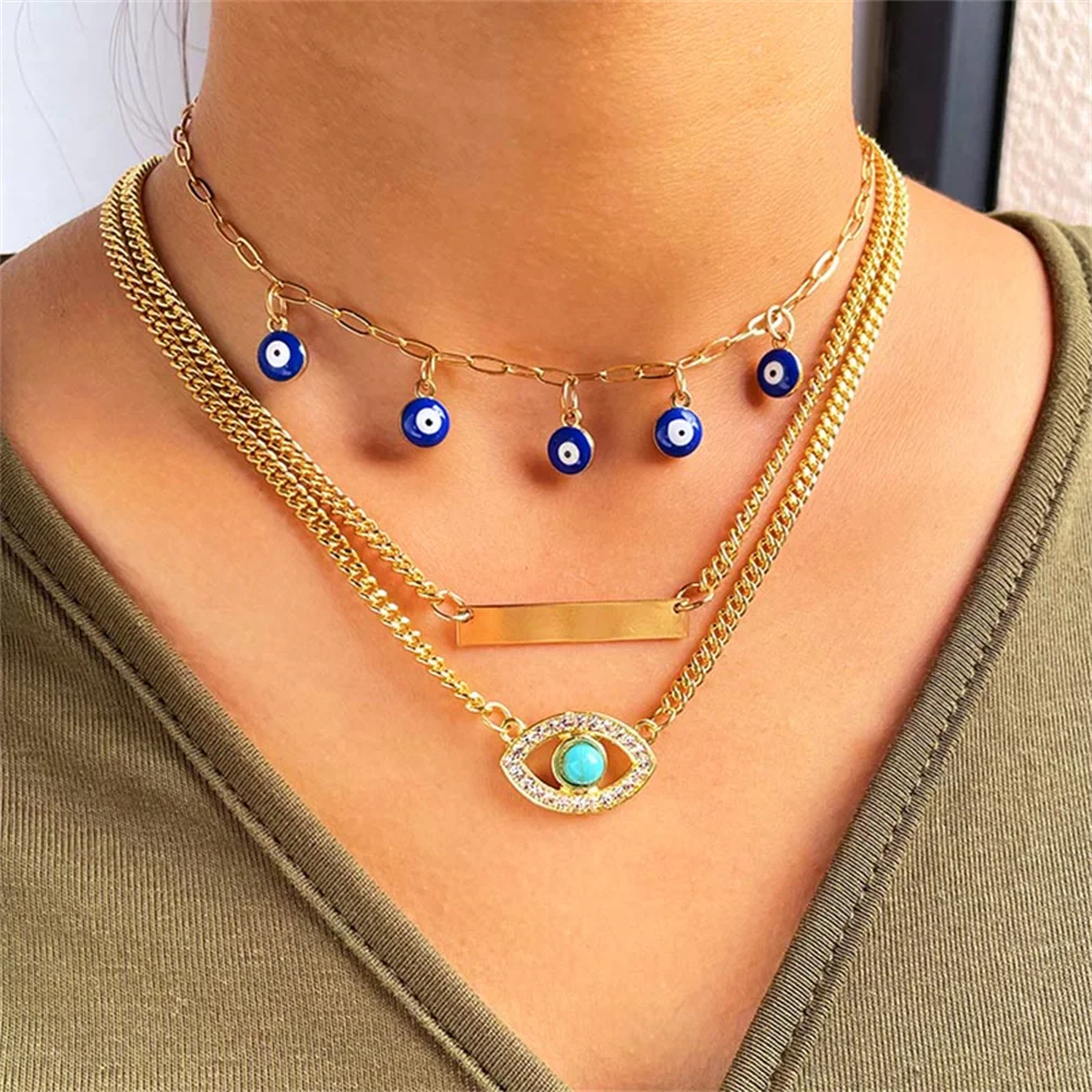 

Shiny Crystal Evil Eyes Pendant Necklace For Women Multilayer Golden Metal Clavicle Chain Necklace Chokers Fashion Party Jewelry