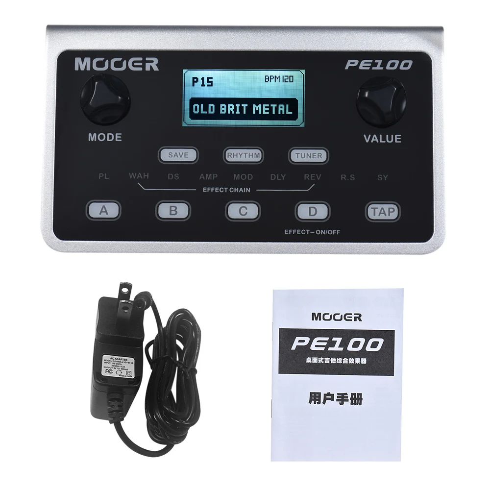 MOOER PE100 Guitar Effect Pedal Multi-Effects Processors Electric Guitar Pedal Metronome Desktop + US Adapter LCD Display