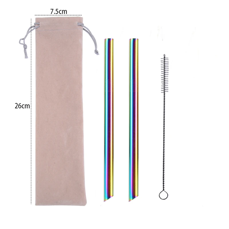 Beige Bag Rainbow 2 шт металлический заостренный кончик соломы+ 1 кисть для ПК радужные соломинки многоразовые трубочки 12 мм* 215 мм с портативной коробкой или сумкой - Цвет: Beige Bag Rainbow