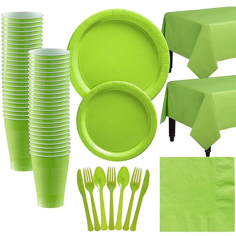 

Green Solid Color Party Set Disposable Plastic Plate Cup Napkin Tablecloth Birthday Party Wedding Decoration For 10 People