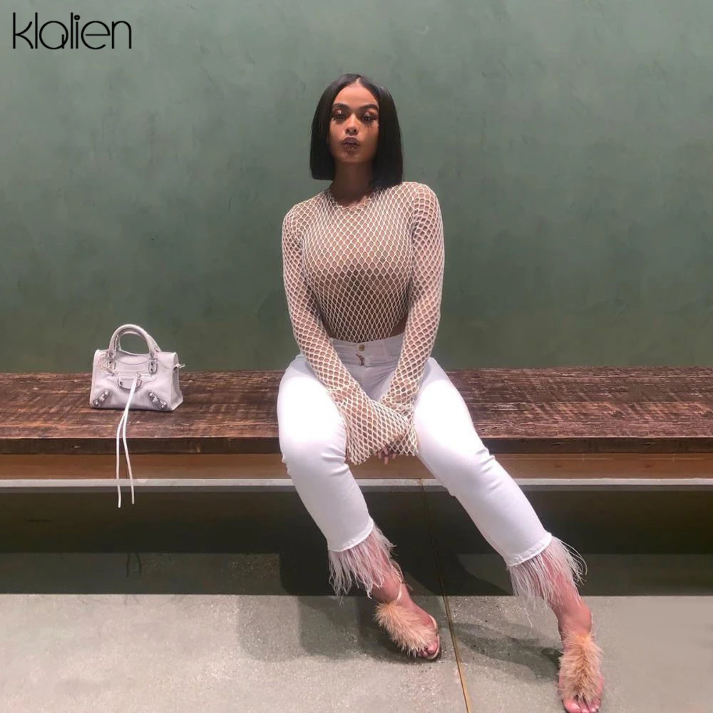 KLALIEN Сетчатое лоскутное сексуальное боди с круглым вырезом Осень-зима 2019 женские