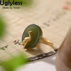 Uglyless золото птицы кран кольца для Для женщин натурального нефрита прекрасный кольца с животными Золотое Настоящее 925 серебро творческие подарки ювелирных камней