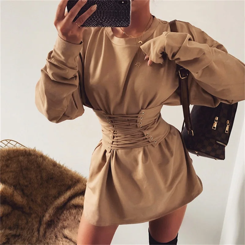 

Linglewei New Spring and Summer Women's Dress Period Splicing O-neck Bandage Micro dress