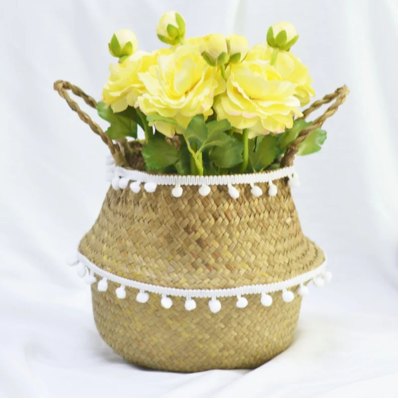Handmade Bamboo Storage Baskets Nordic Foldable Laundry Straw Wicker Rattan Seagrass Belly Garden Flower Pot Planter Basket