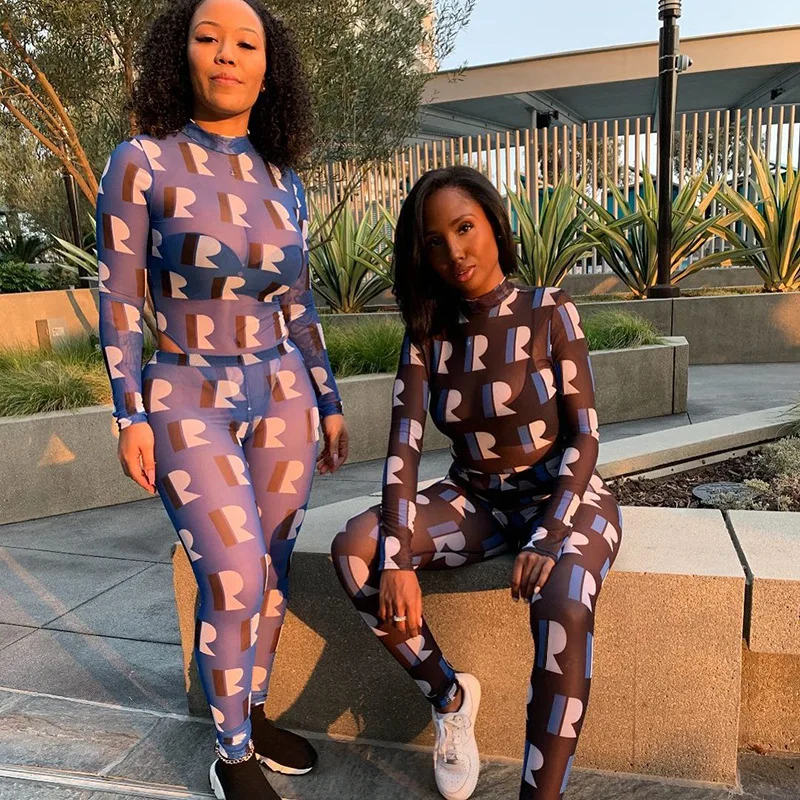 

ZKYZWX Sexy Mesh Sheer Two Piece Set Tracksuit Women 2021 Spring Clothes Club Outfits Bodysuit Leggings Sweat Suit Matching Sets