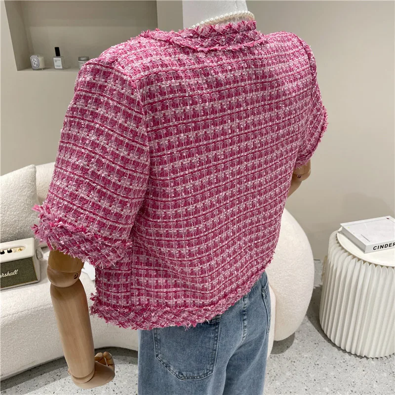 

female slim elegant Retro Short Sleeve Coat office lady New all-matching round Neck Short FashionTweed Cardigan Top sweet jacket