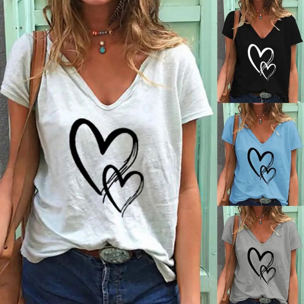 

Women V-neck T-Shirts Summer Short Sleeve T Shirt Harajuku Love Printed T-shirt Casual Tee Tops Women Clothing