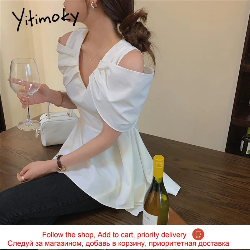 

Yitimoky Women Shirts Blouses Irrgular Off Shoulder Top Short Flying Sleeve V-Neck Korean Fashion New Casual Summer 2021 White