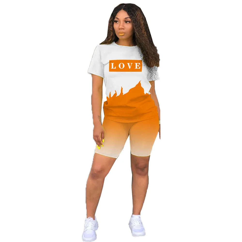 

Flamme letter print t shirt+shorts 2 piece sets womens outfits Orange blue biker shorts 2 piece set 2021 ensemble jogging femme
