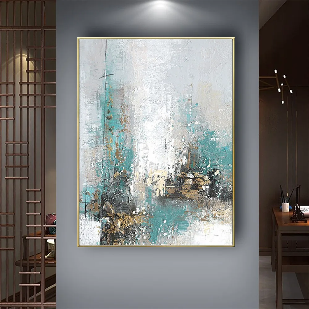 

modern Hand-painted oil painting abstract gold foil craft canvas painting light green gray white mural for home decor painting