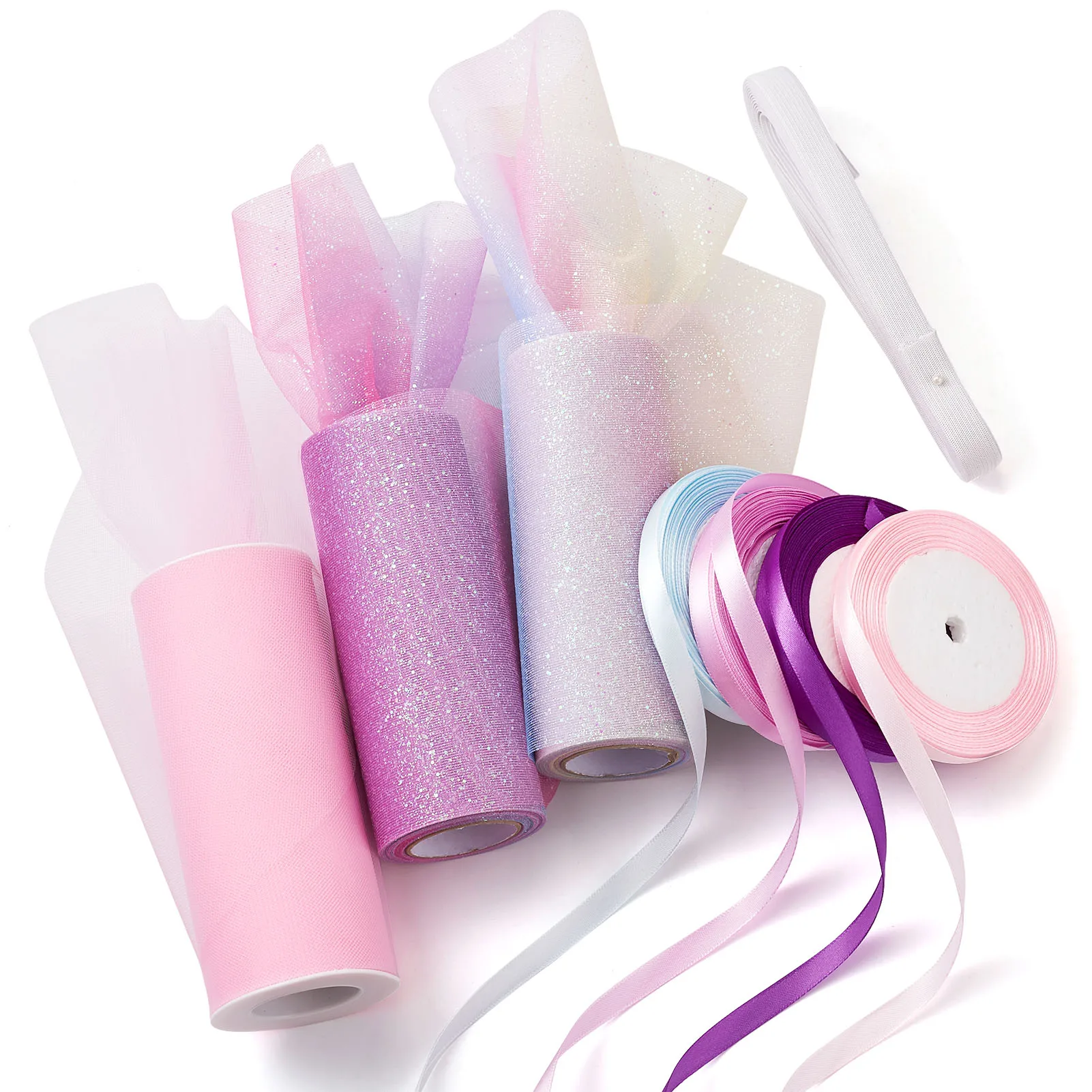 

1 Set Mixed Color Single Face Satin Ribbon Flat Elastic Rubber Cord & Polyester Netting Fabric for DIY Jewelry Gift Wrapping