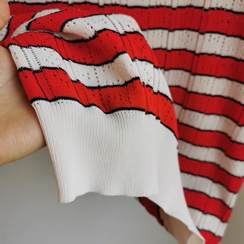 

Summer 2021 New designer women's Knitted Hollow-out Stripe T-shirts Top C423