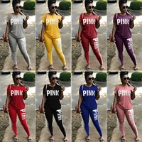 drop shipping casual women pink letter print tracksuit set 2 piece t shirt shinny pant jogging femme pink top outfits
